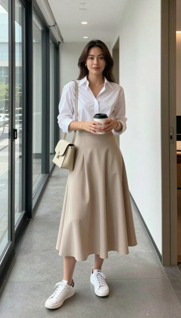2. Button-Down Shirt + A-Line Midi Skirt + Sneakers