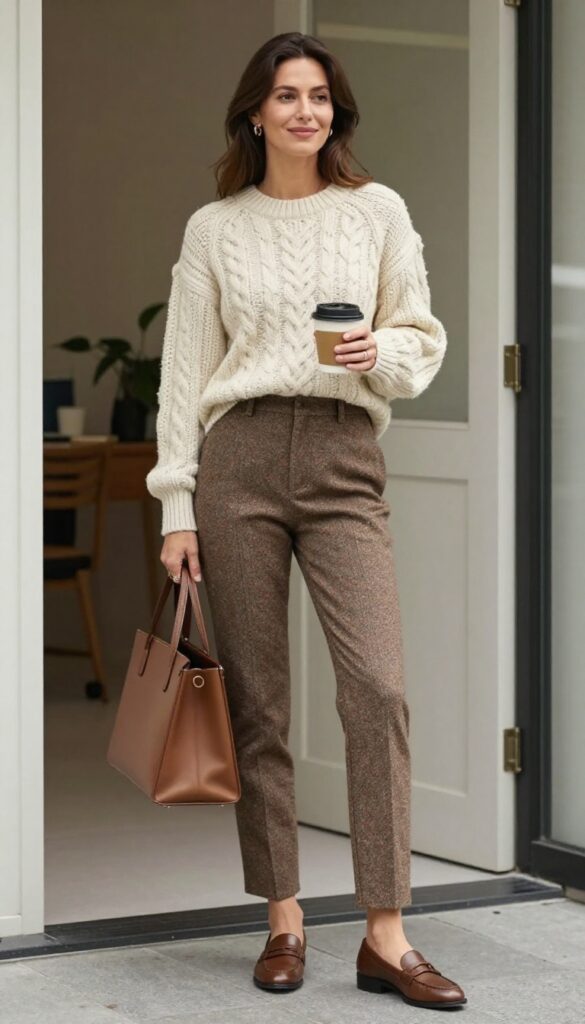 4. Cable-Knit Sweater and Tweed Trousers