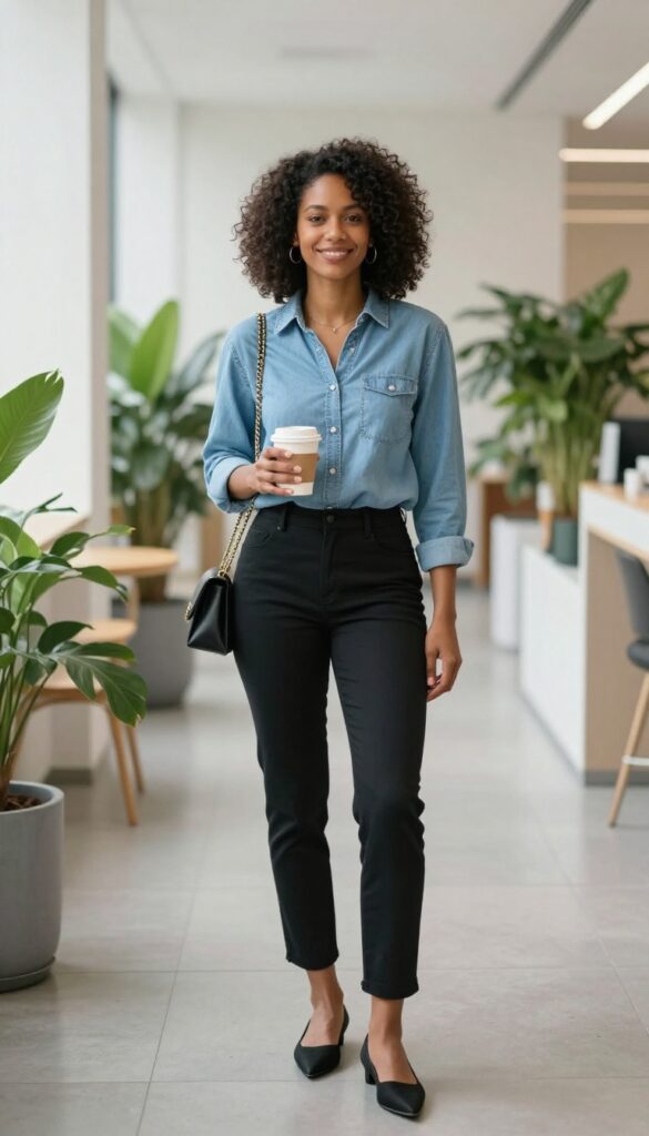 4. Denim Shirt + Black Slacks + Pointed Flats
