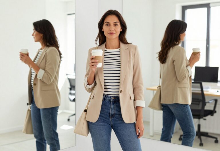 Woman in dark jeans, striped tee, and beige blazer holding coffee in office hallway