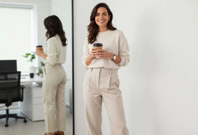 Woman in comfy work outfit with cashmere sweater and wide-leg trousers in a bright office