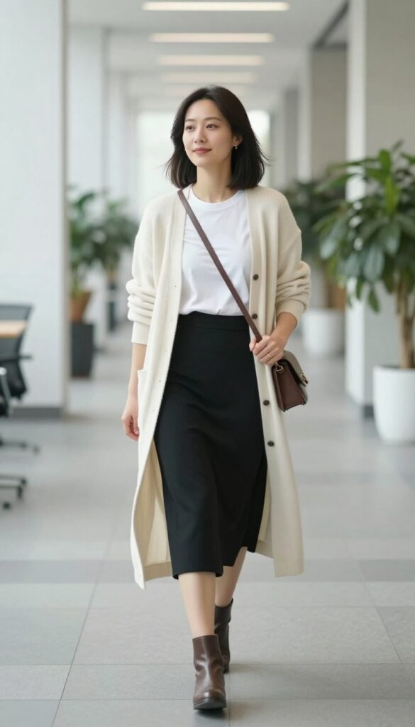 8. Layered with a Cardigan and Slip Skirt