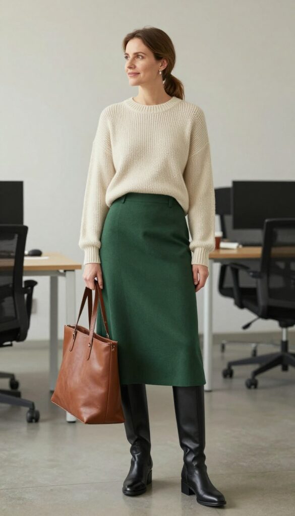 10. Sweater + Midi A-Line Skirt + Knee-High Boots