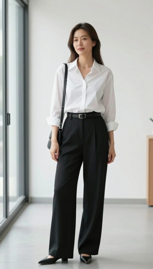 10. Button-Down Shirt + High-Waisted Trousers + Belt Bag