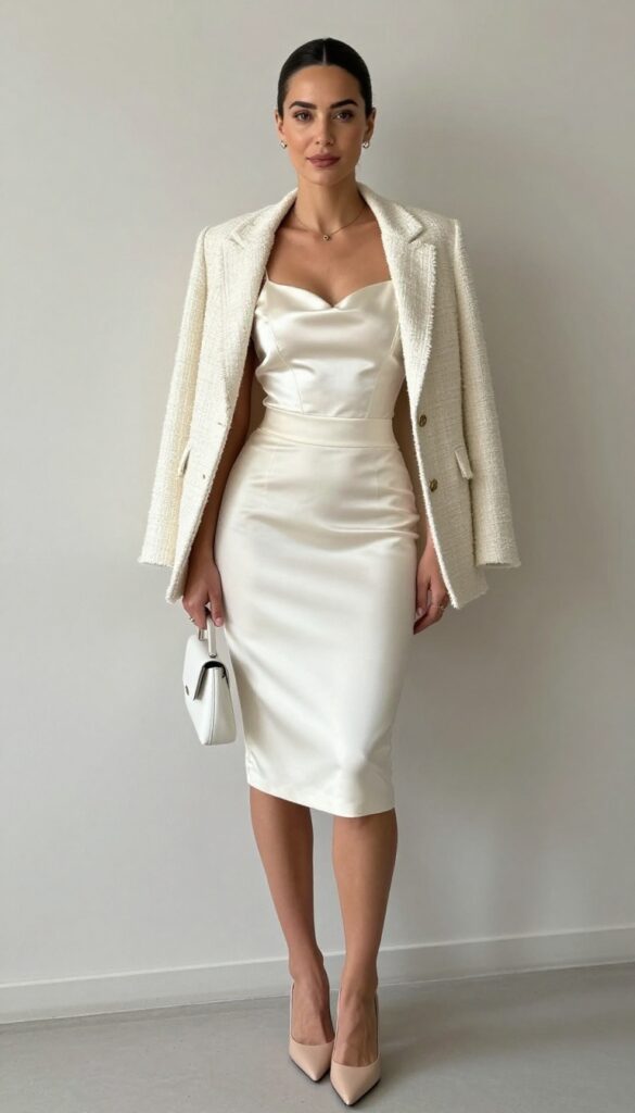 Woman in ivory corset top, pencil skirt, and tweed blazer at courthouse wedding