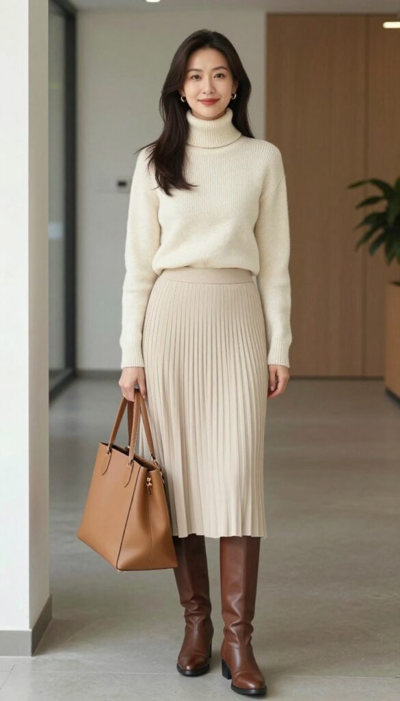 5. Turtleneck with Pleated Midi Skirt