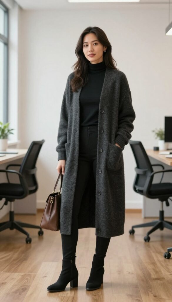 2. Long Cardigan and Leggings: Cozy Yet Professional