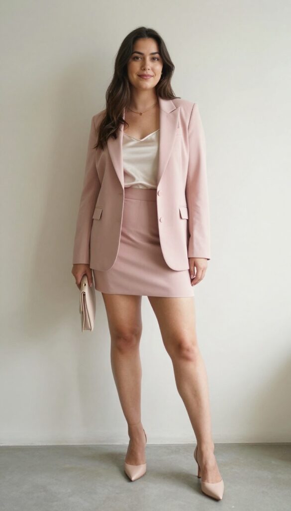 5. Mini Skirt Suit with a Camisole and Heeled Mules