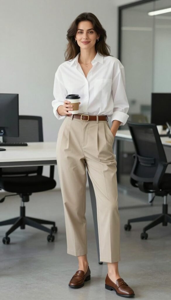 3. Button-Down Shirt + Cropped Trousers + Loafers