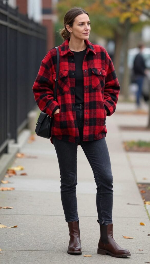 12. Flannel Shirt + Dark Wash Jeans + Ankle Boots