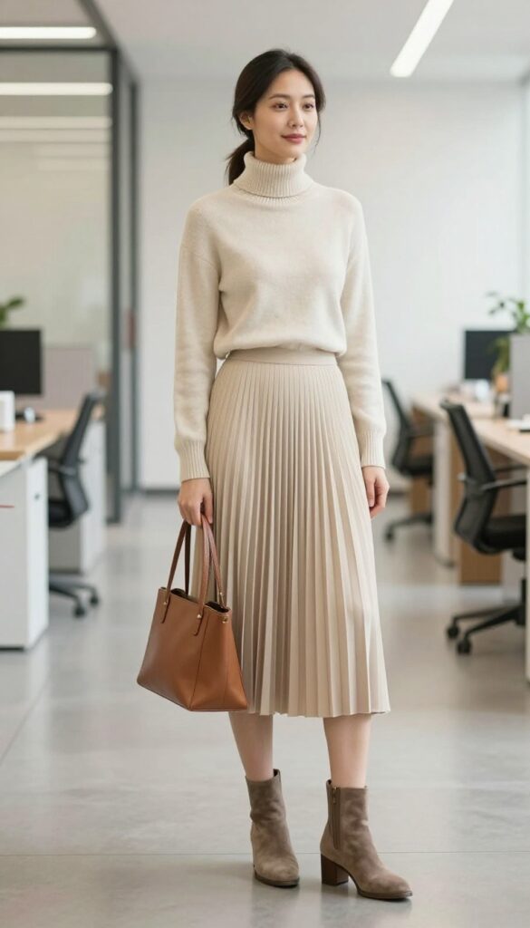 5. Turtleneck + Pleated Midi Skirt + Ankle Boots