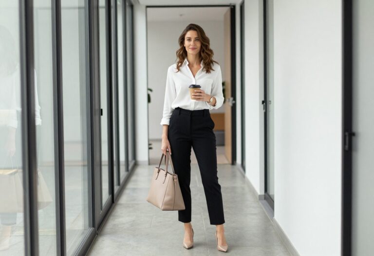 Woman in white blouse and black trousers with nude pumps and beige tote in office hallway