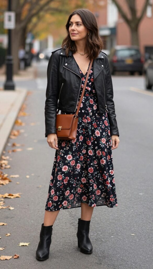 15. Floral Maxi Dress with a Leather Jacket