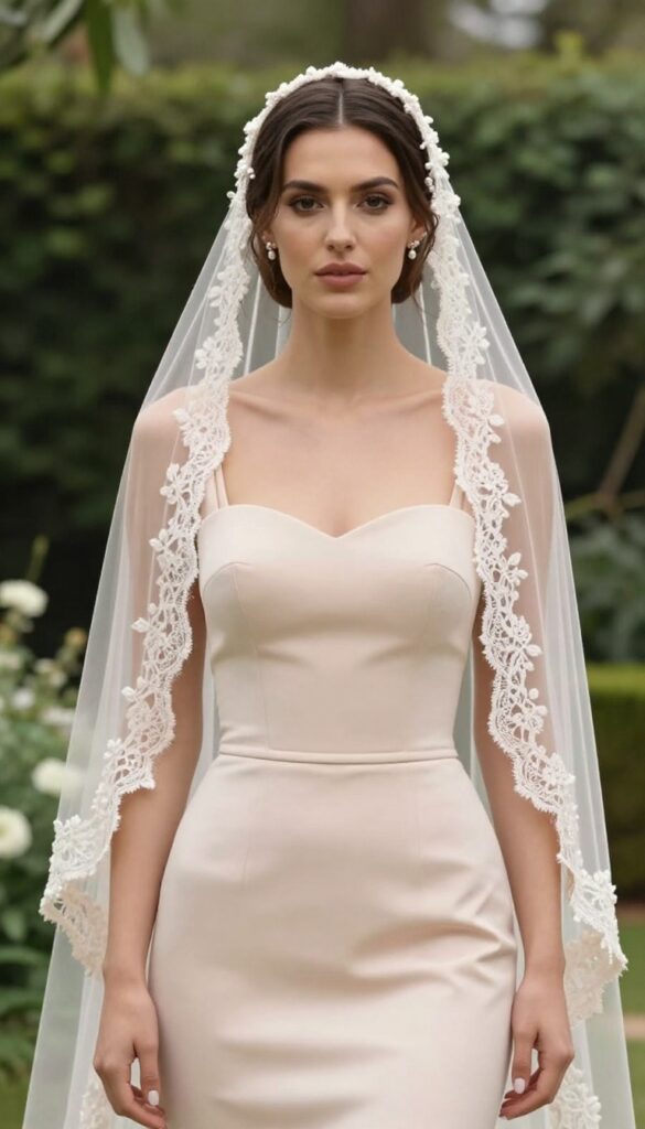 Bride in blush lace veil with pearl hairpins and sweetheart neckline dress, outdoor garden wedding, romantic ethereal style.
