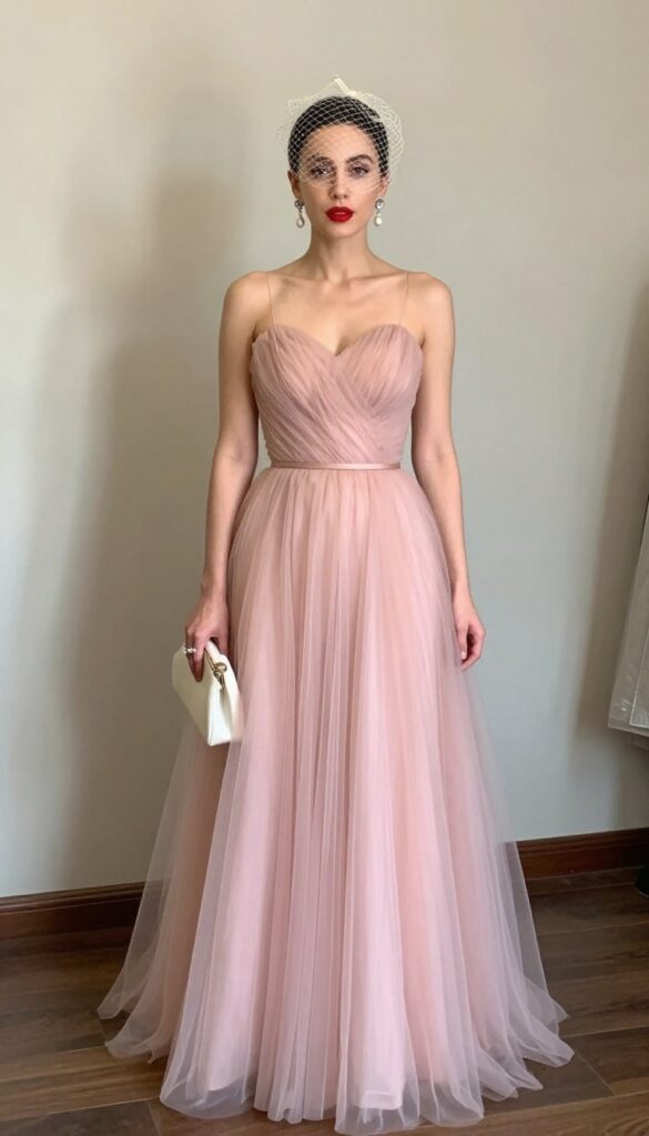 Woman in pink rose gold tulle wedding dress with birdcage veil and red lip, vintage glam style