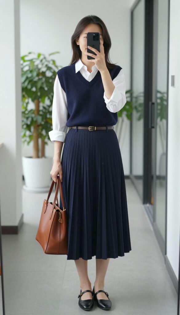 7. Sweater Vest + Button-Down + Pleated Skirt