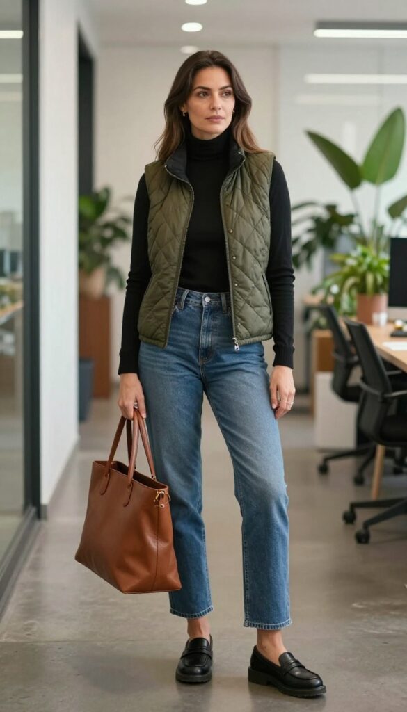 6. Quilted Vest over a Turtleneck with Straight-Leg Jeans