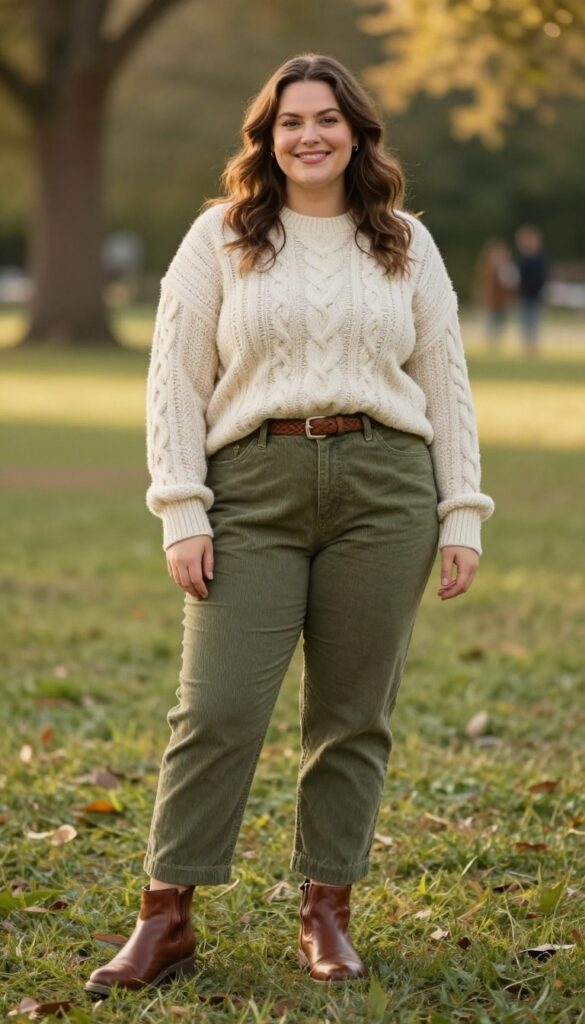 2. Cream Cable-Knit Sweater with Olive Corduroys
