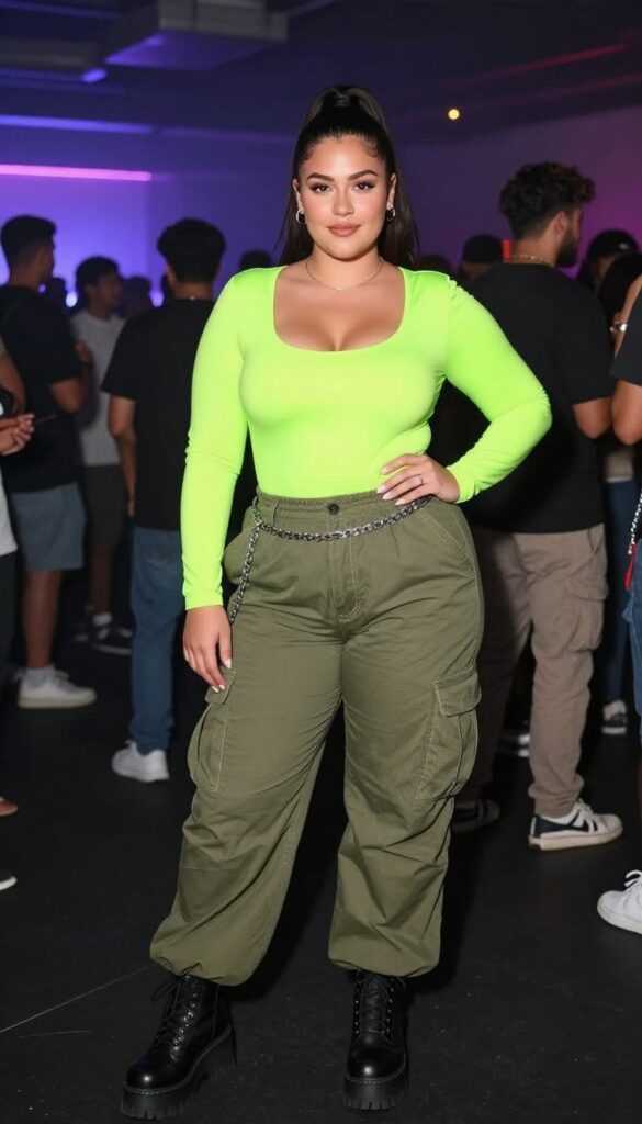 4. Neon Bodysuit with Cargo Pants