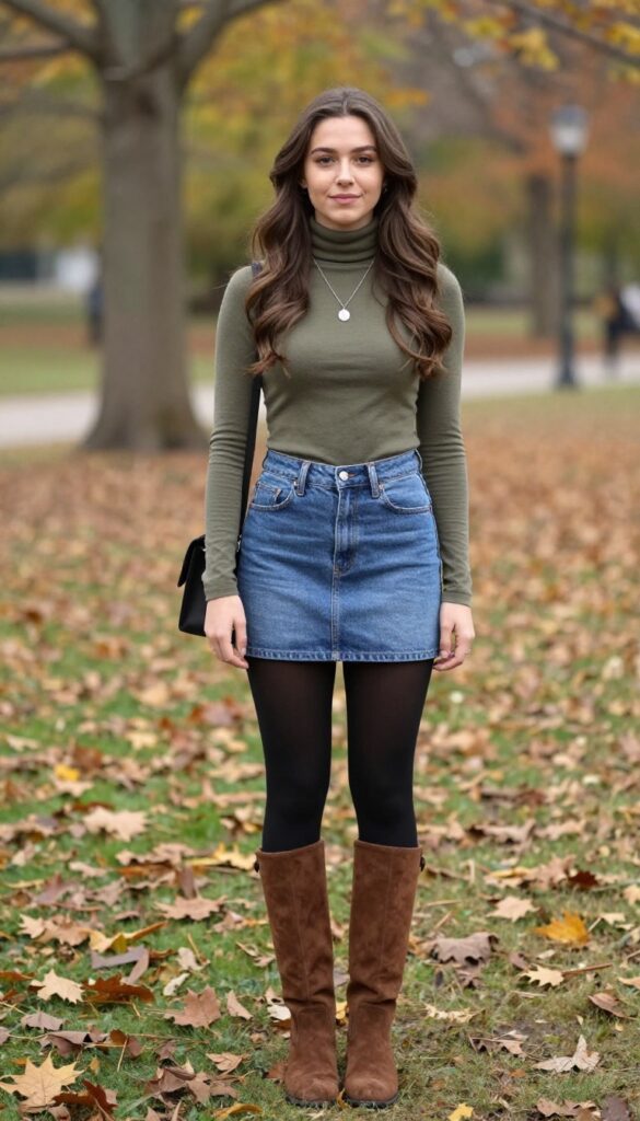 2. Denim Skirt with a Turtleneck and Knee-High Boots