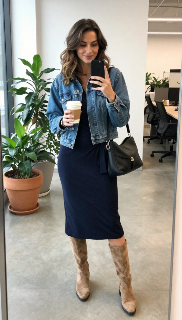3. Midi Dress With a Denim Jacket and Ankle Boots