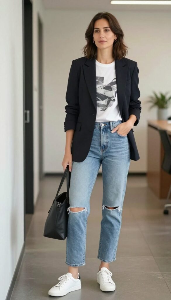 9. Blazer + Graphic Tee + Ripped Jeans (Office Casual)