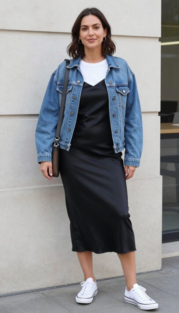 3. Sneakers + Slip Dress + Denim Jacket