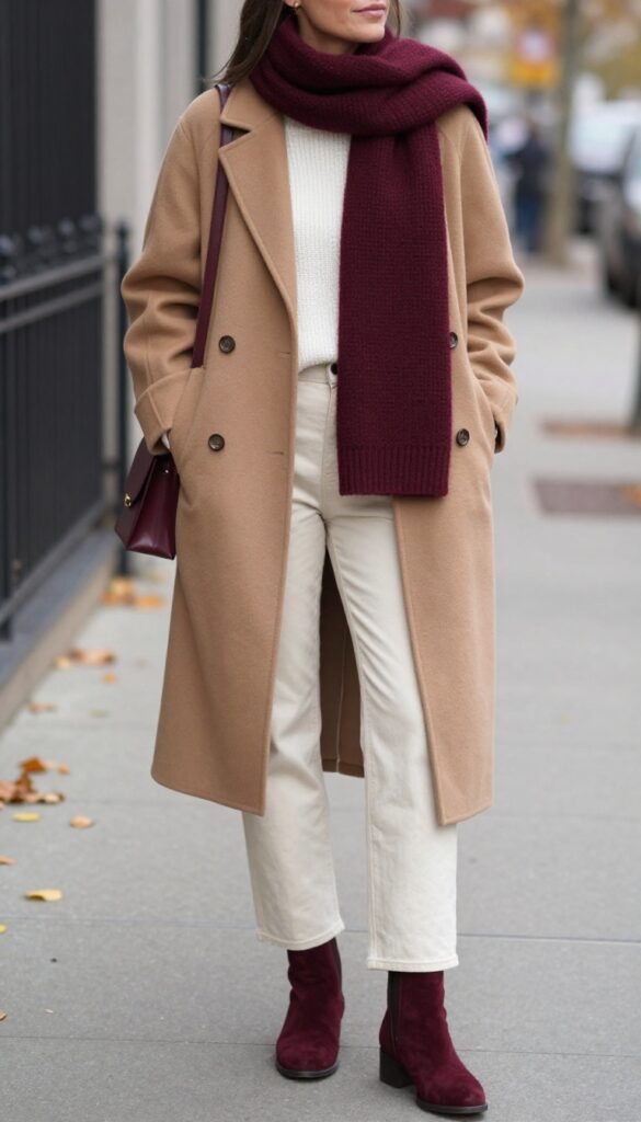 11. Burgundy Accessories + Neutral Outfit (Scarf, Bag, Boots)