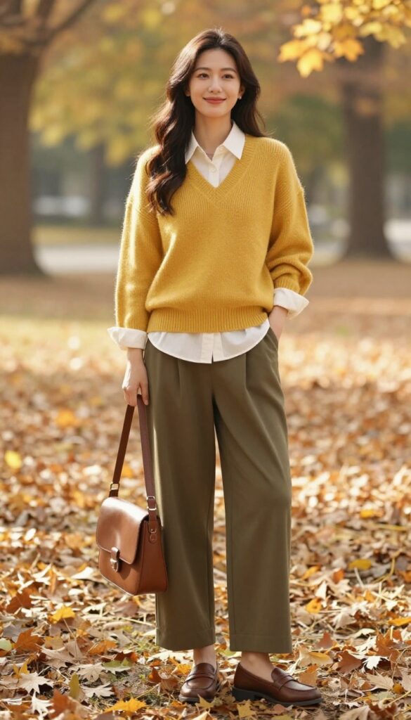 7. Sweater Vest Over a Button-Down Shirt with Wide-Leg Trousers