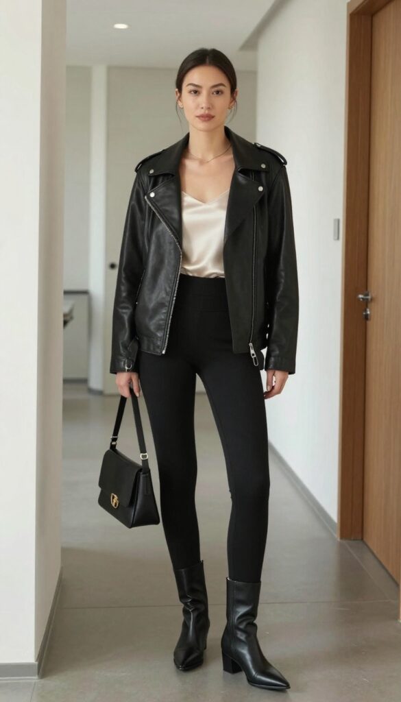 7. Leather Jacket and Leggings: Edgy but Professional