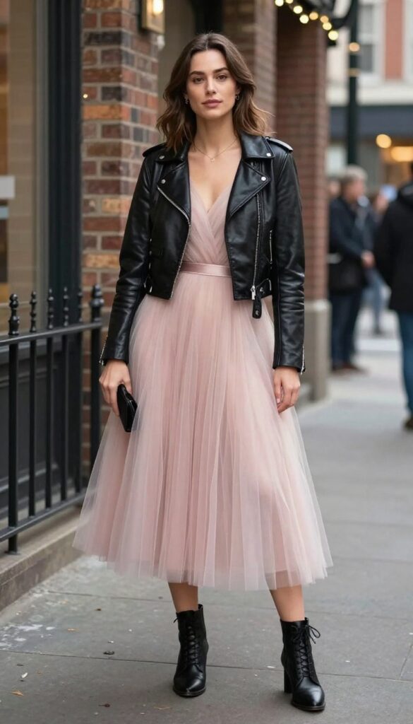 Woman in pink rose gold tulle wedding dress with cropped black leather jacket and ankle boots, standing outdoors at dusk