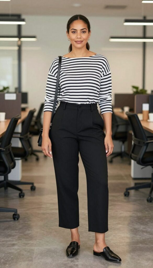 12. Black Cropped Trousers + Striped Boatneck + Mules