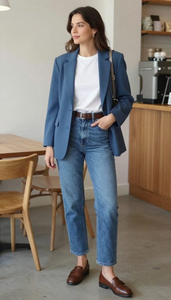 1. Blue Blazer + White Tee + Straight-Leg Jeans + Loafers
