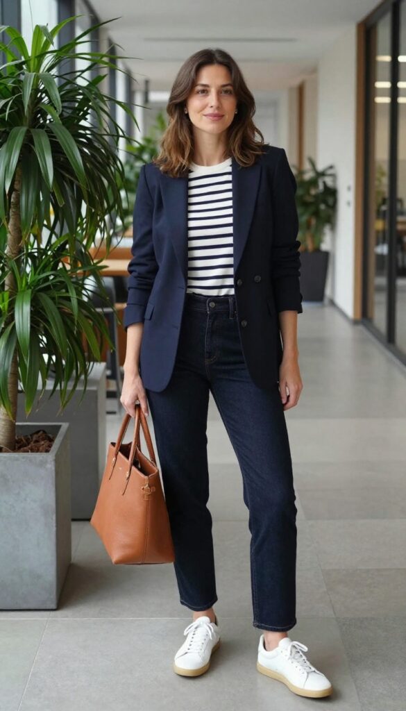 1. Blazer + Striped Tee + Straight-Leg Jeans