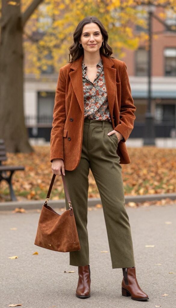 5. Corduroy Blazer with a Floral Blouse and Straight-Leg Trousers