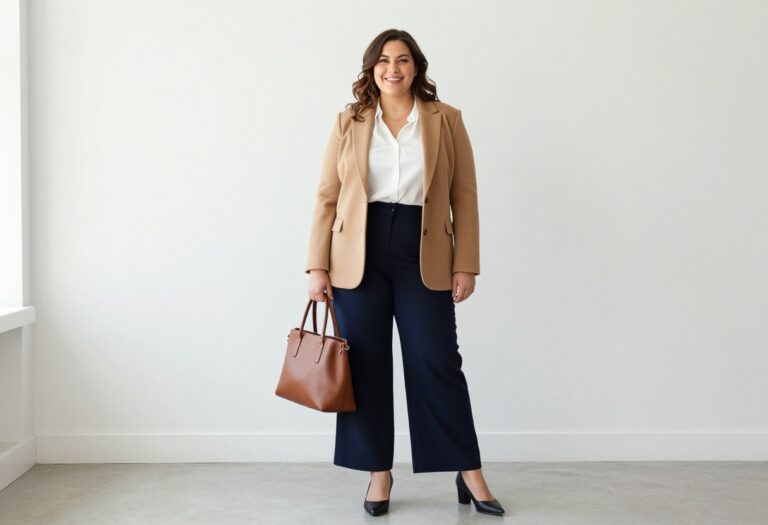 Plus size woman in camel blazer and wide-leg trousers standing confidently in office lobby