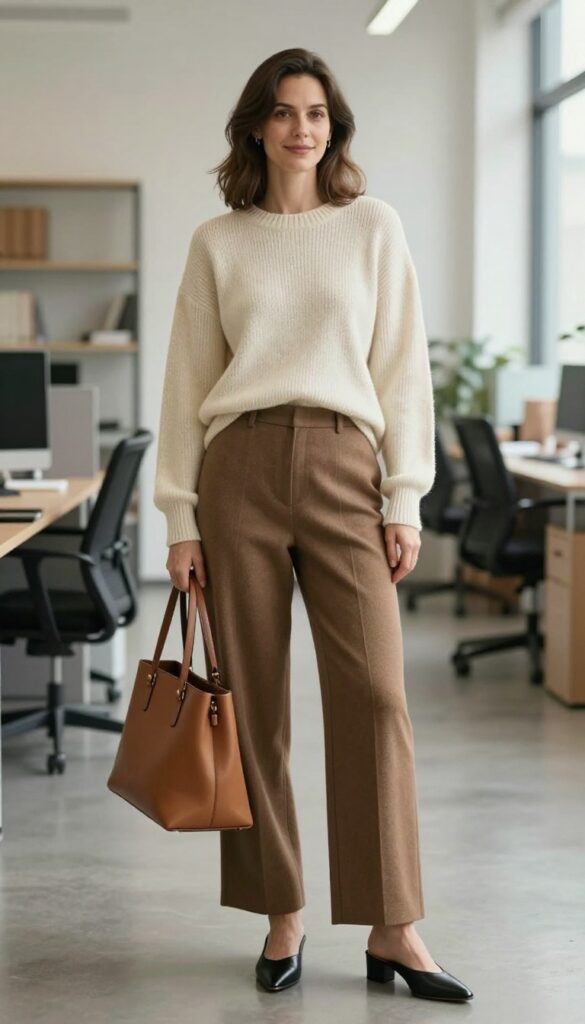 6. Cashmere Sweater + Wide-Leg Pants + Heeled Mules