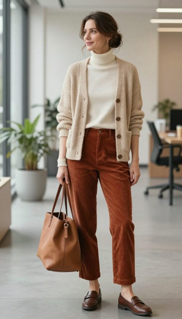 5. Chunky Cardigan + Turtleneck + Corduroy Pants