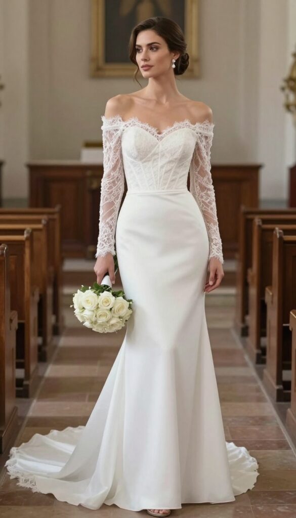 Woman in off-the-shoulder wedding dress with illusion neckline and long lace sleeves, corset bodice, A-line skirt, holding white roses in a church.