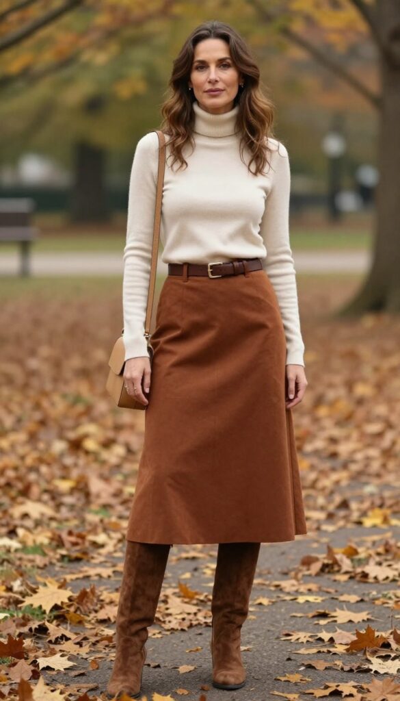 6. Rust Brown Midi Skirt with a Cream Turtleneck