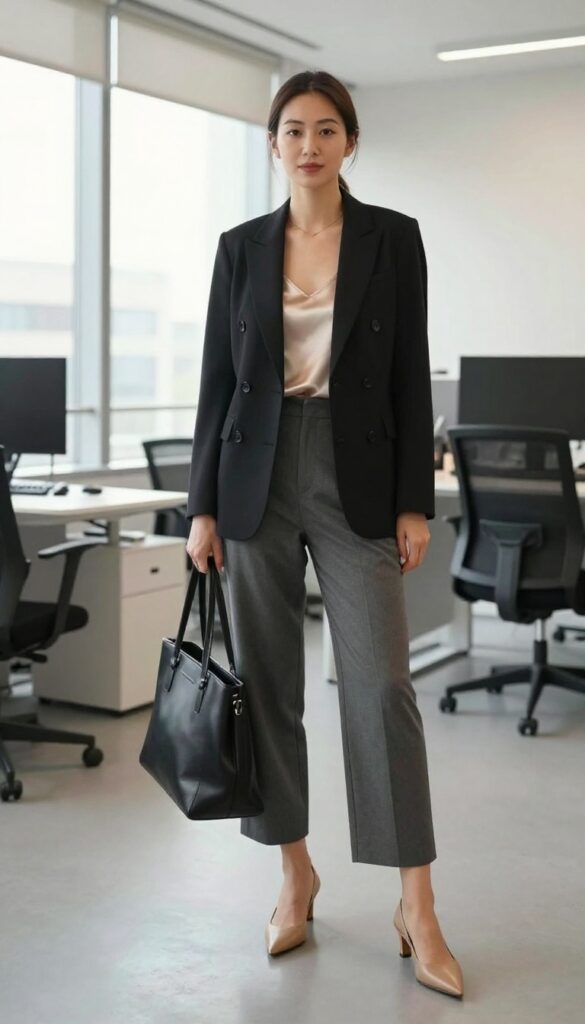8. Silk Camisole + Gray Culottes + Blazer + Mules