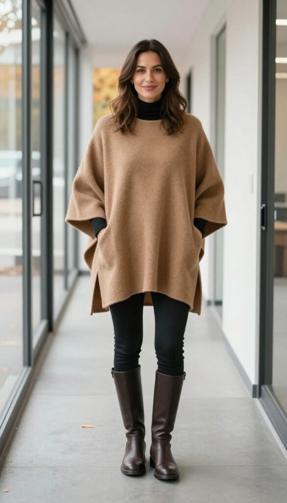 13. Poncho + Slim Turtleneck + Skinny Pants + Riding Boots