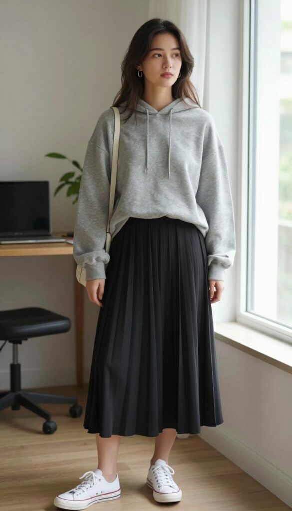 5. Cozy Hoodie with Pleated Midi Skirt