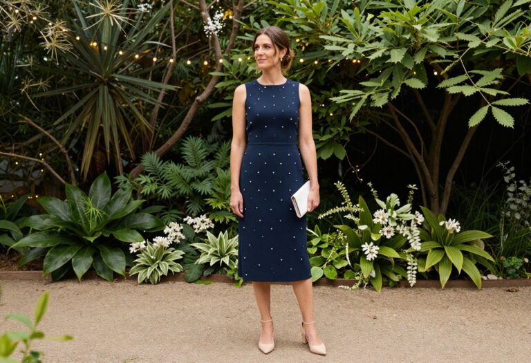 Woman in navy midi dress with pearl accessories at a garden wedding