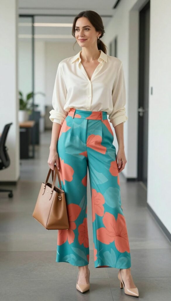 6. Bold Printed Trousers with a Neutral Top