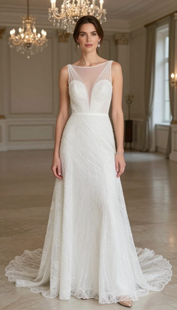 Woman in illusion neckline wedding dress with embellished bodice in grand ballroom