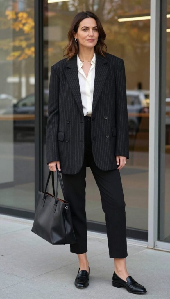 4. Pinstripe Blazer + Cropped Trousers + Loafers