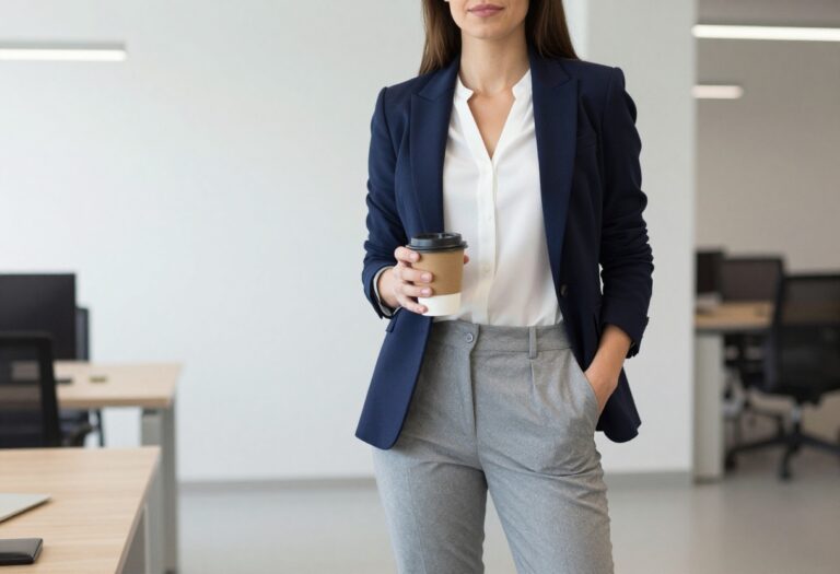 Woman in navy blazer and grey trousers standing in office with coffee