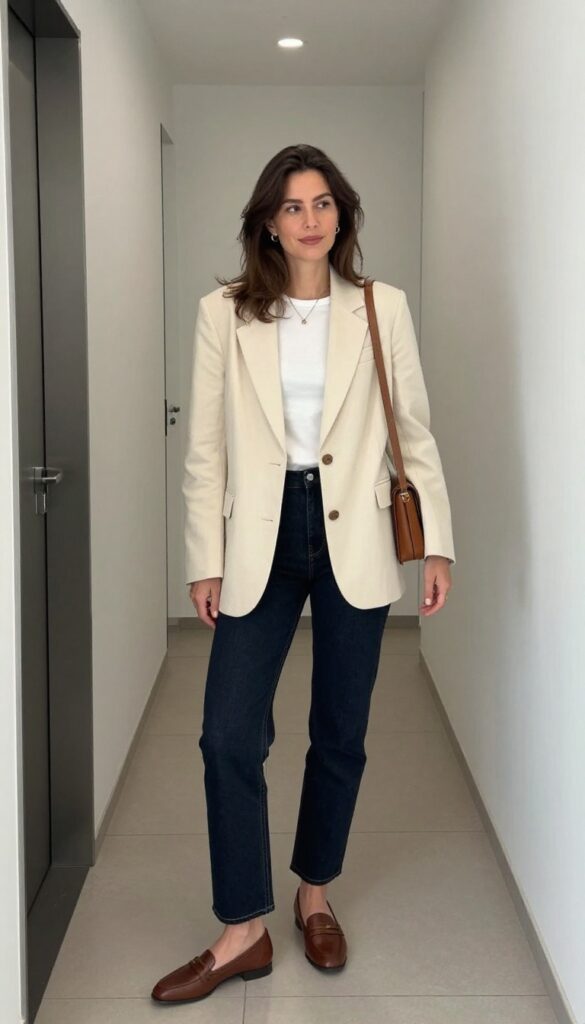 1. Cream Blazer + Dark Jeans + White Tee