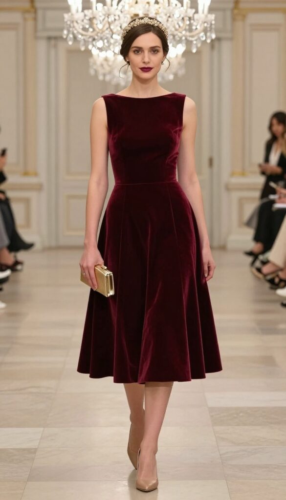 Young adult woman with fair skin and brown hair in soft waves, wearing a deep burgundy velvet fit-and-flare dress with a jeweled gold headpiece, standing in a grand ballroom with crystal chandeliers and marble floors, holding a small gold clutch, closed-toe nude heels visible, full-length Instagram-style outfit photo.